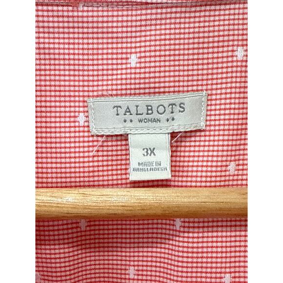 Talbots Swiss Dot Gingham Plaid Button Up Top 3X Pink Roll Tab Sleeve Old Money - Picture 5 of 7